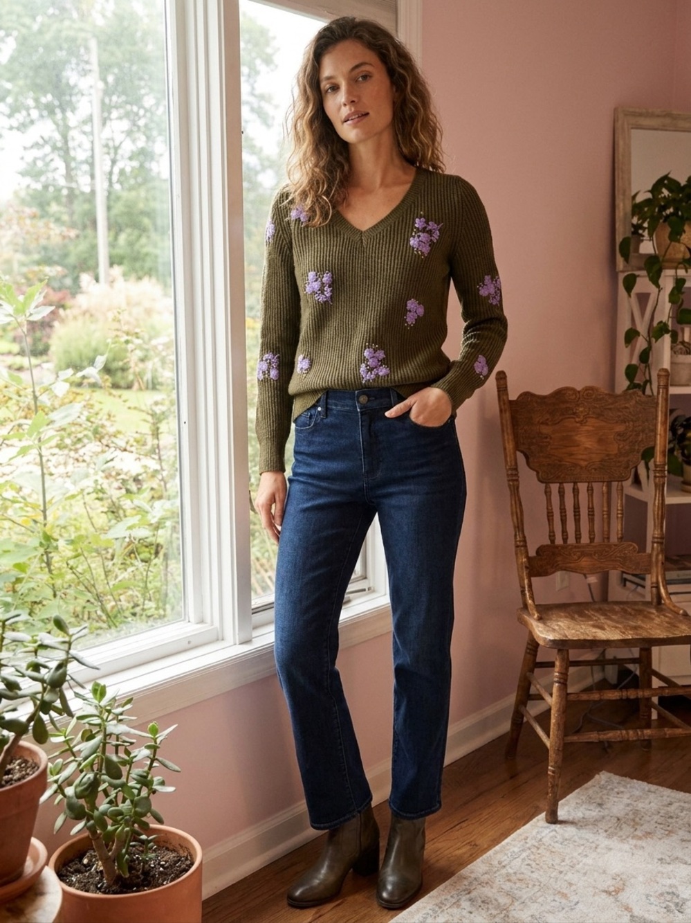 Talbots Olive Green V-Neck Sweater with Lavender Floral Embroidery